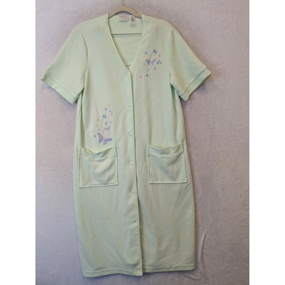 Coffee Time Women's Size S Mint Green Waffle Knit House Coat Butterflies